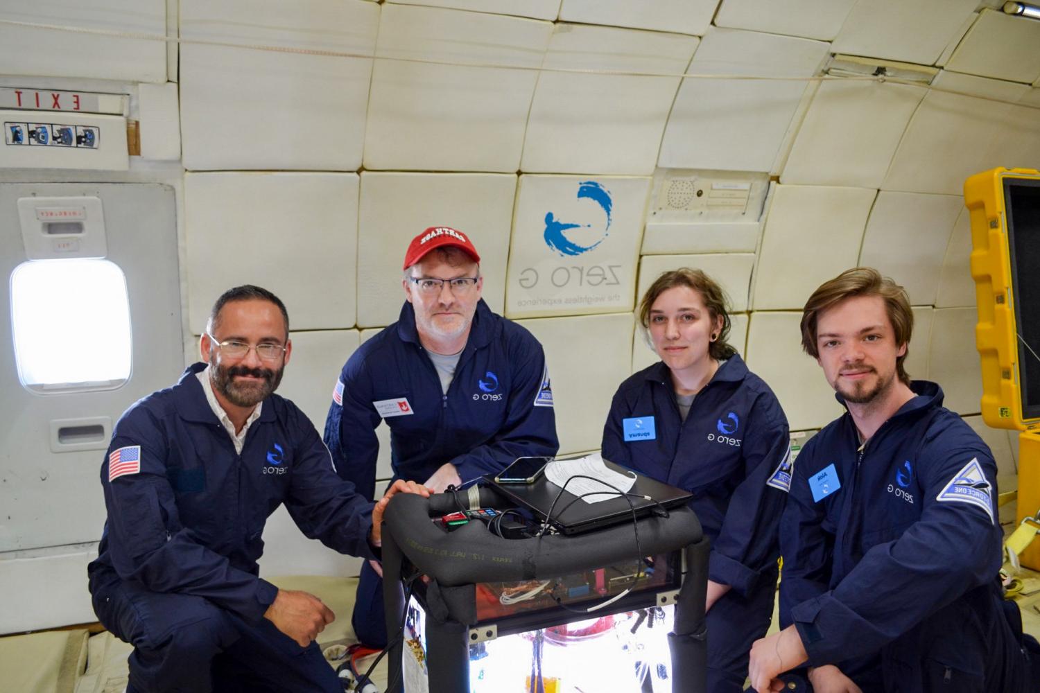 Carthage Microgravity Team and NASA Engineer Edwin Cortes during a zero-g flight.